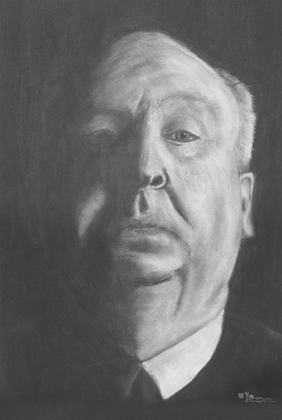 Chalk and charcoal portrait of Alfred Hitchcock